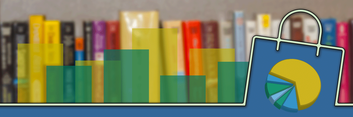 A shelf of books superimposed by a bar chart