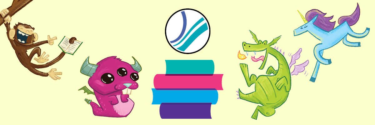Monkey, monster, dragon, and unicorn on a yellow background with the Ottawa Public Library and TD SRC logos.