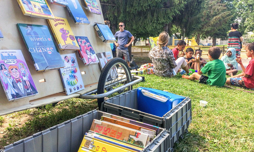 Close up of books on the BiblioBike trailer