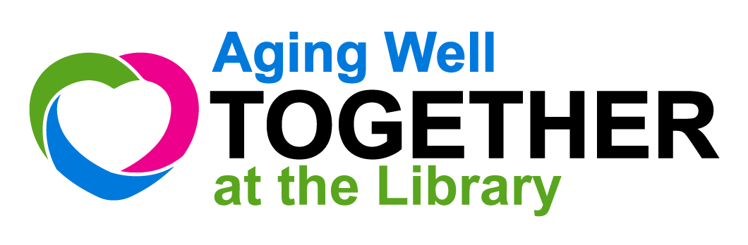 OPL Aging Well Together at the Library logo, with green, pink, and blue heart shape