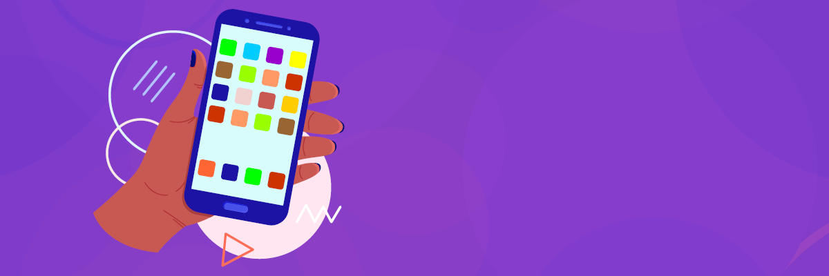 Hand holding a smartphone on a purple background