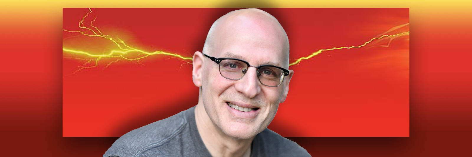 A picture of Gordon Korman with lightening behind his head. 
