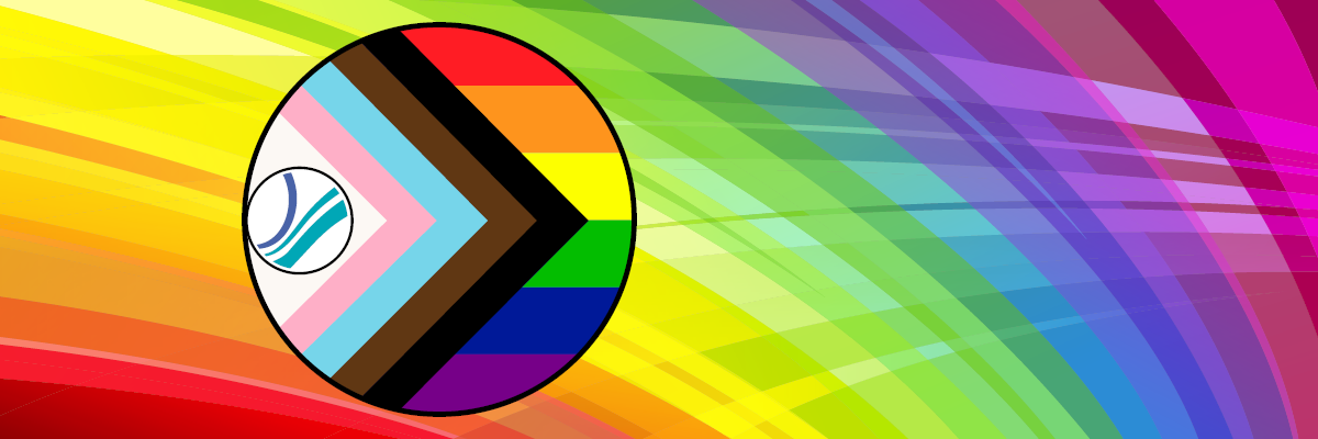 webcard for Pride month with OPL pride logo on a rainbow background