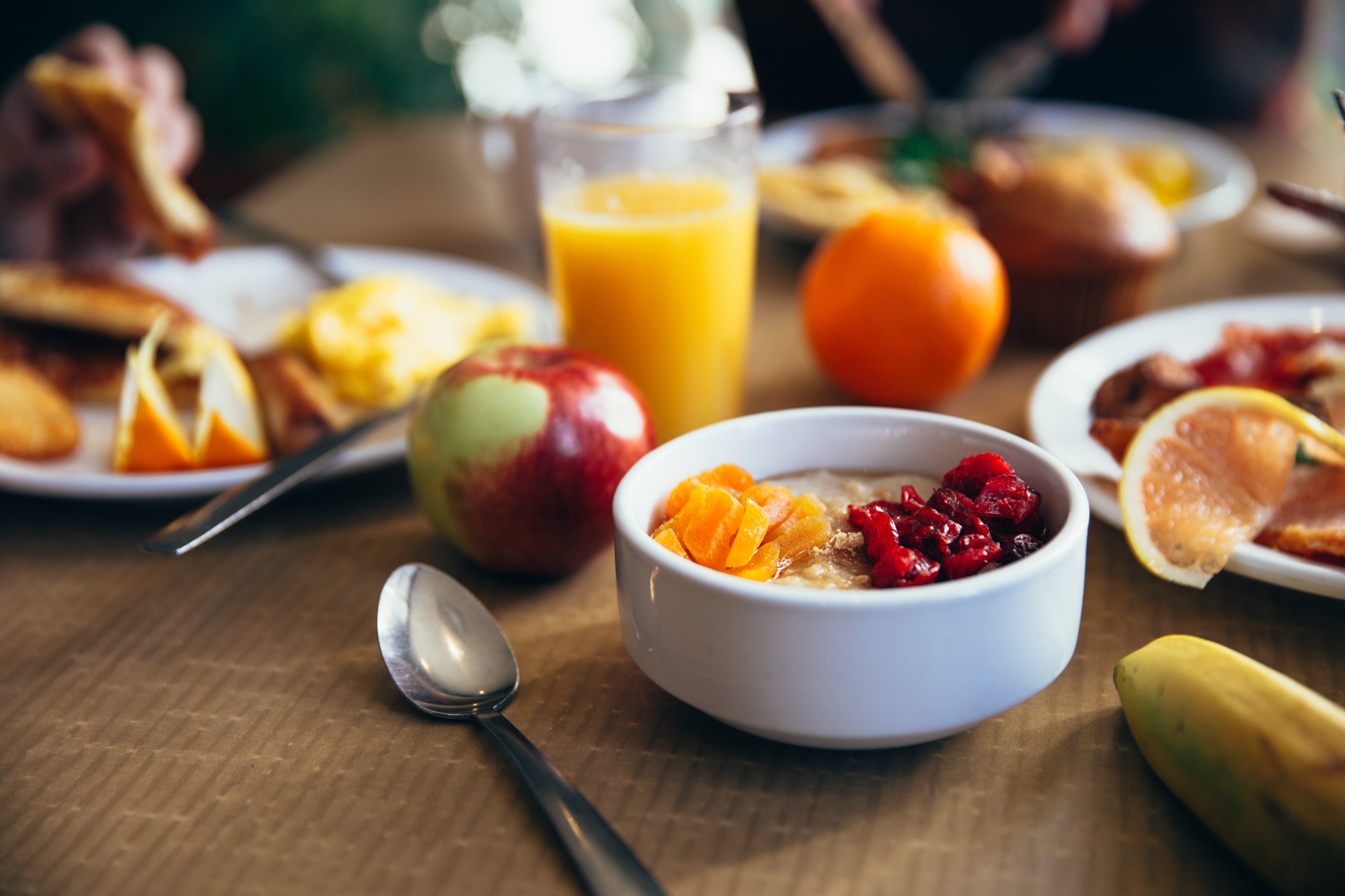 Photograph of breakfast scene with a bowl of cereal