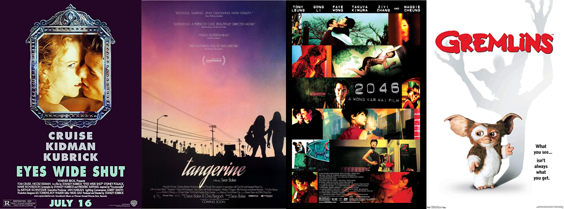 Four posters in line for Eyes Wide Shut, Tangerine, 2046 and Gremlins