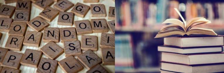 image of wooden scrabble tiles beside image of stack of library books