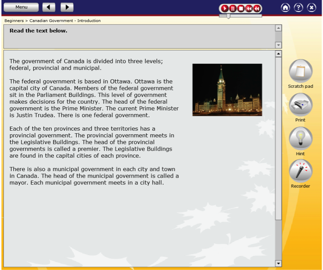 A screenshot of the My Canada resource, with an introduction to the Canadian Government system.