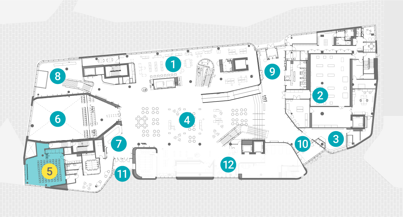 View of first floor plan with area of Black box theatre highlighted