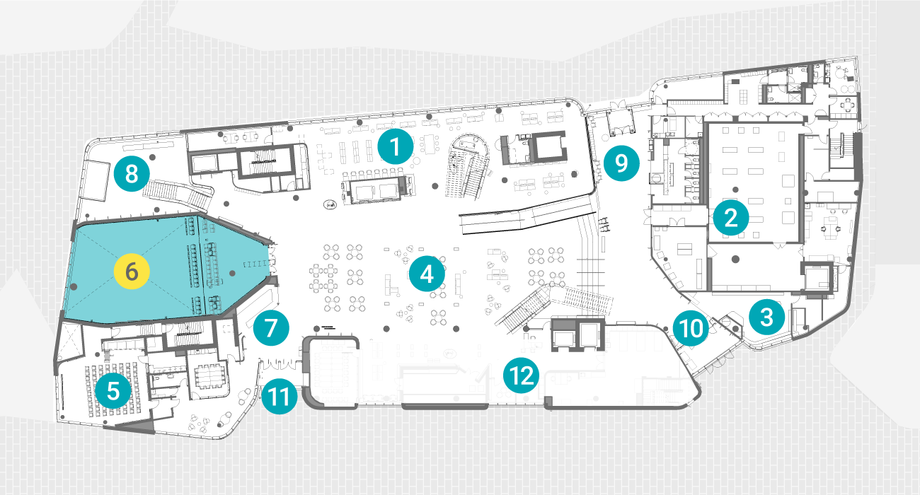 View of first floor plan with area of auditorium highlighted