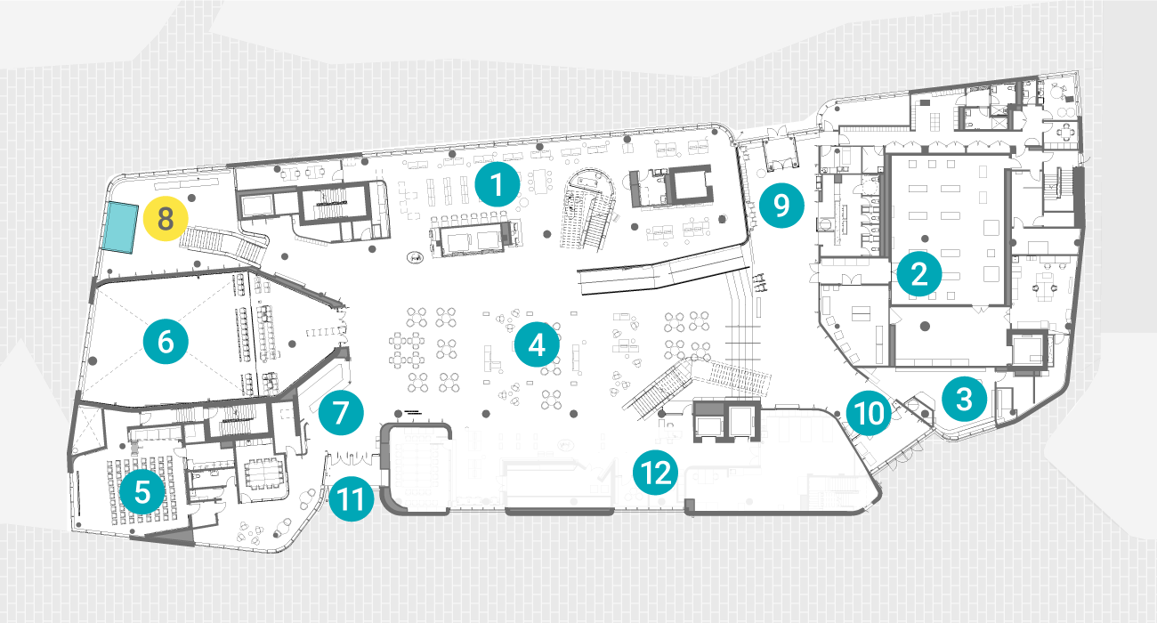 View of first floor plan with Entrance -with entrance towards Outdoor Amphitheatre and Pimisi O-Train Station highlighted