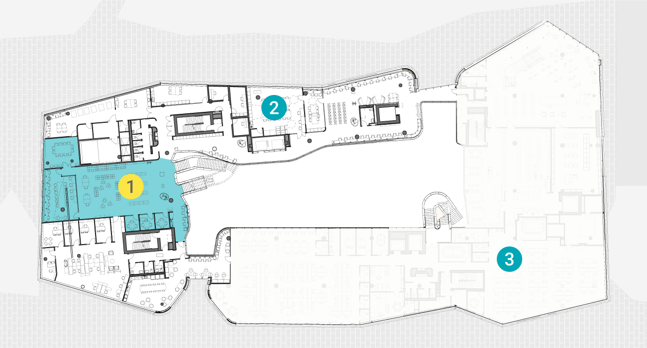 Plan du troisième étage avec la section de la Zone des ados surlignées