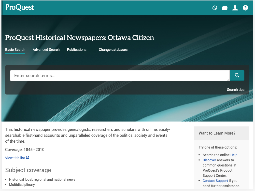 Homepage for Ottawa Citizen database