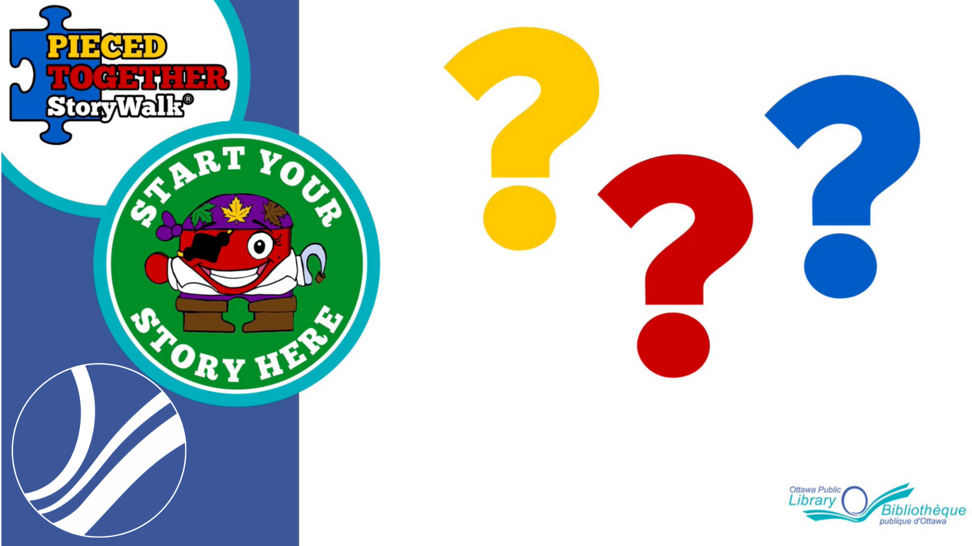 Start your story here. Red animated pirate beside large question marks in yellow, red, and blue.