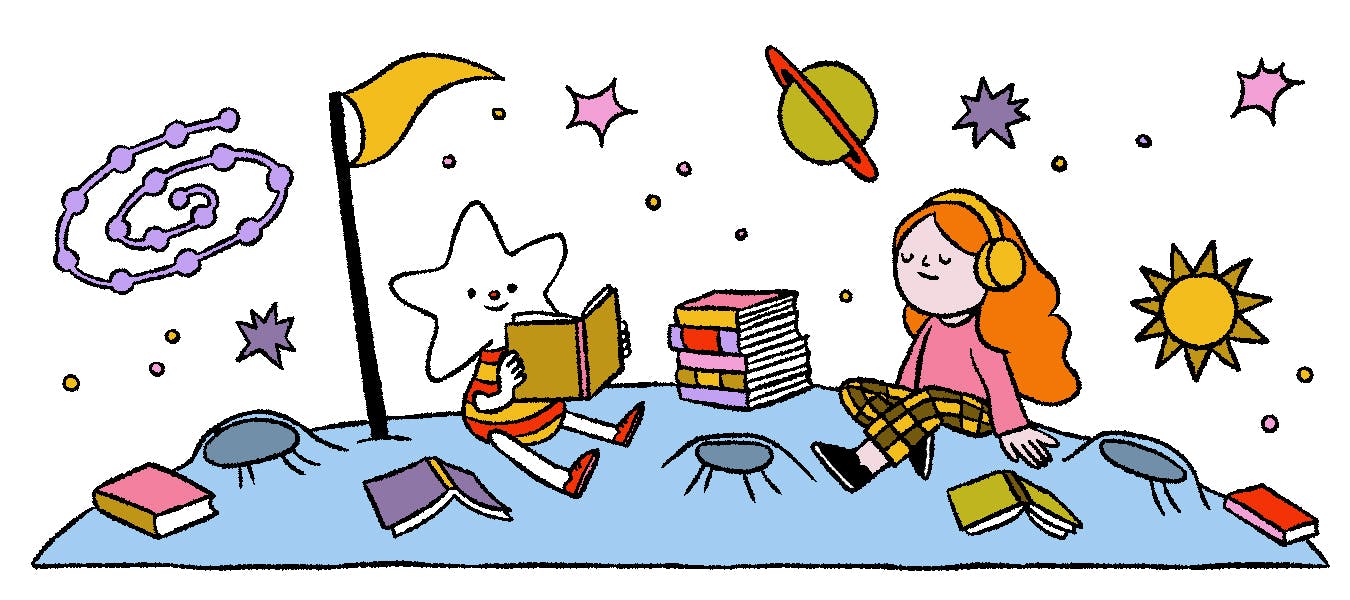 An alien and a girl sit on a moon. The girl listens to headphones while the alien reads books.