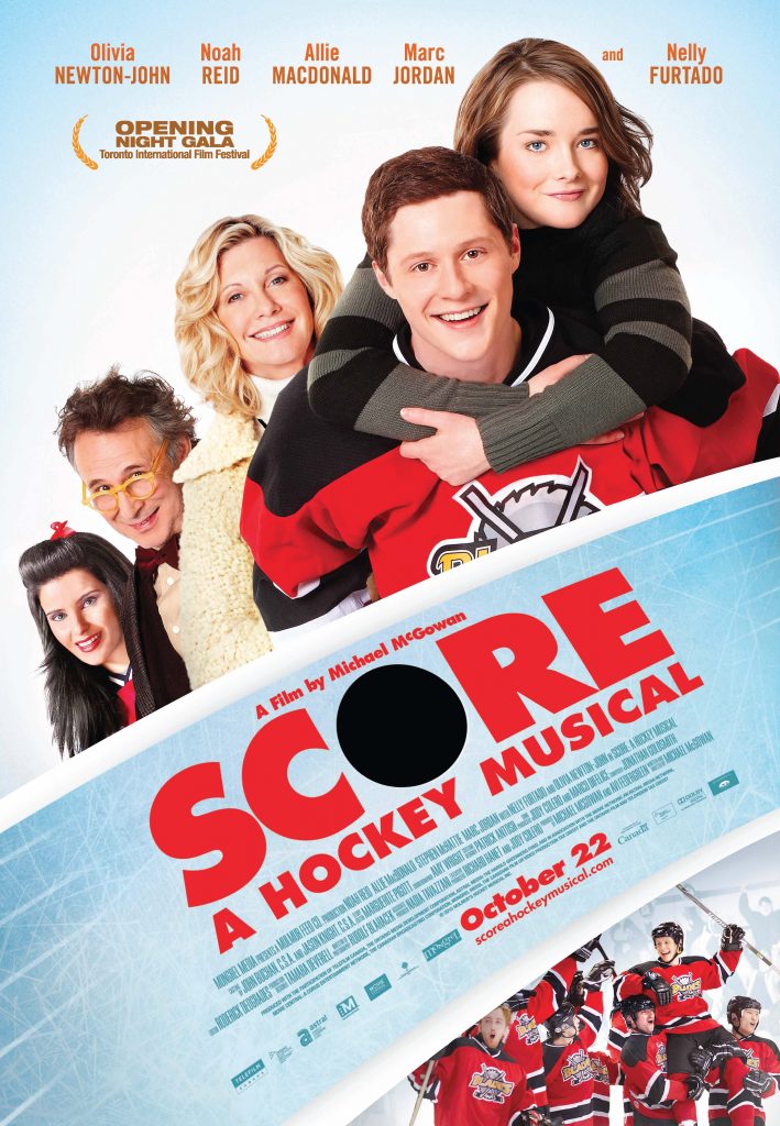 romantic comedy style poster, two main characters in hockey jerseys ,one piggy backing the other, three others behind